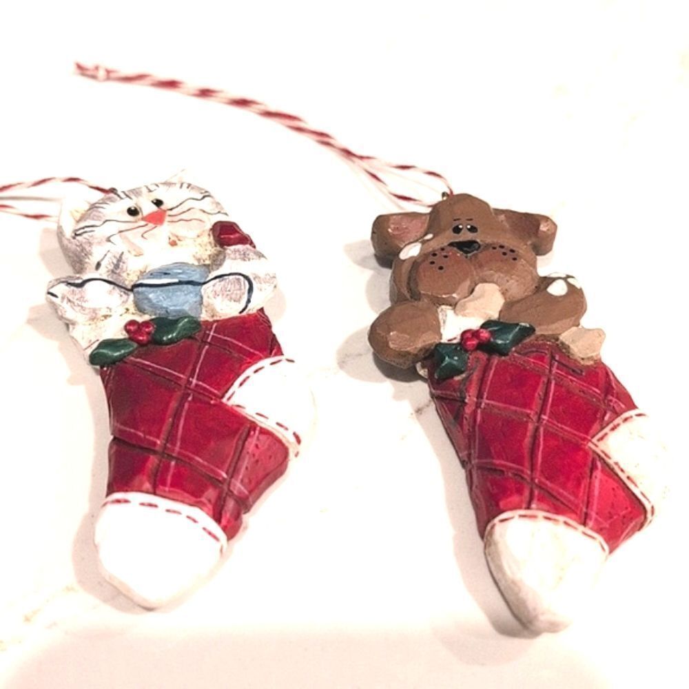 Cat and Dog Christmas Ornaments Artist Signed by Eddie Vintage Set of 2